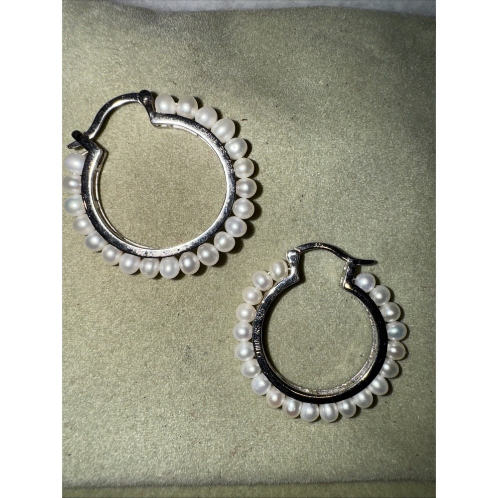 Vintage Sterling Silver 925‎ Fresh Water Pearls 1.25 In HoopEarrings OLA0051